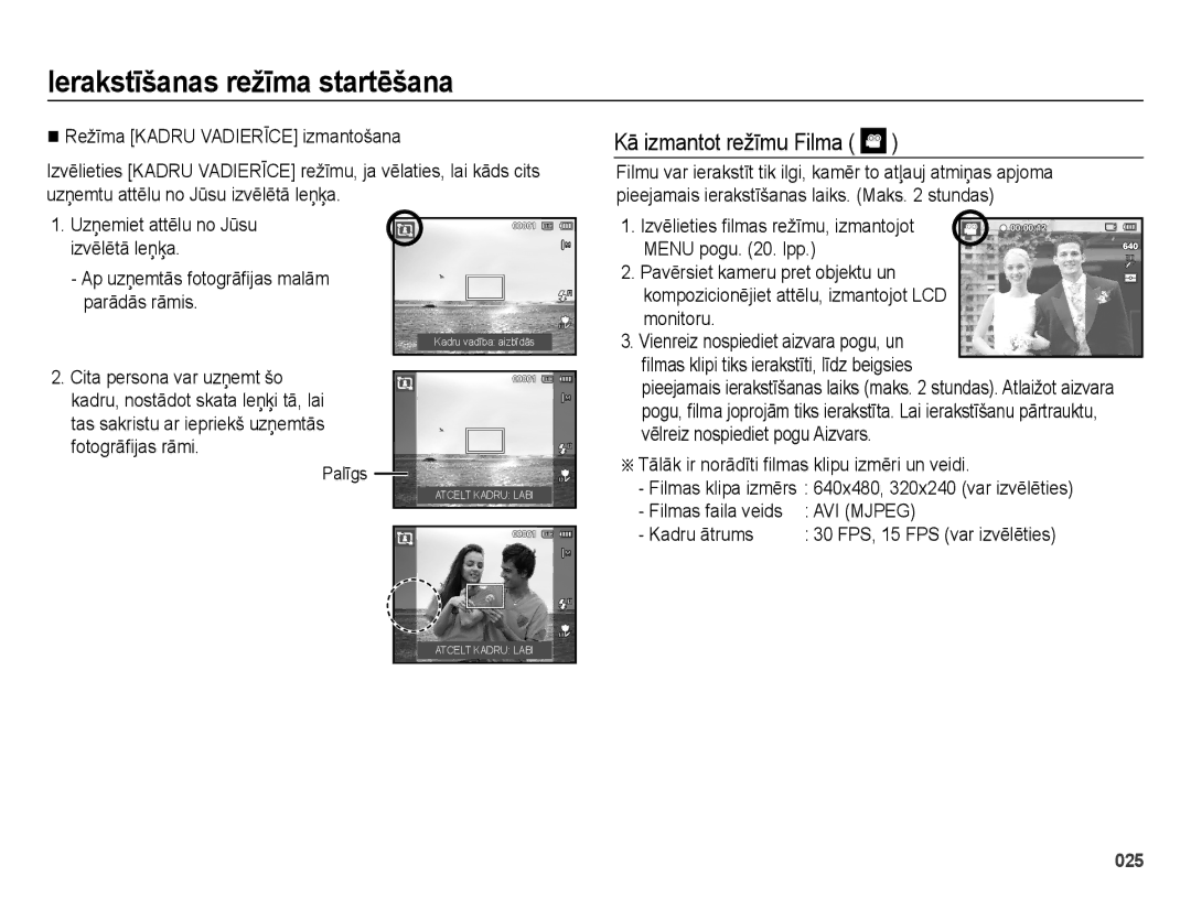 Samsung EC-ES28ZZBASE2, EC-ES28ZZBABE2 manual Kā izmantot režīmu Filma, Kadru ātrums, Palīgs, Filmas faila veids 