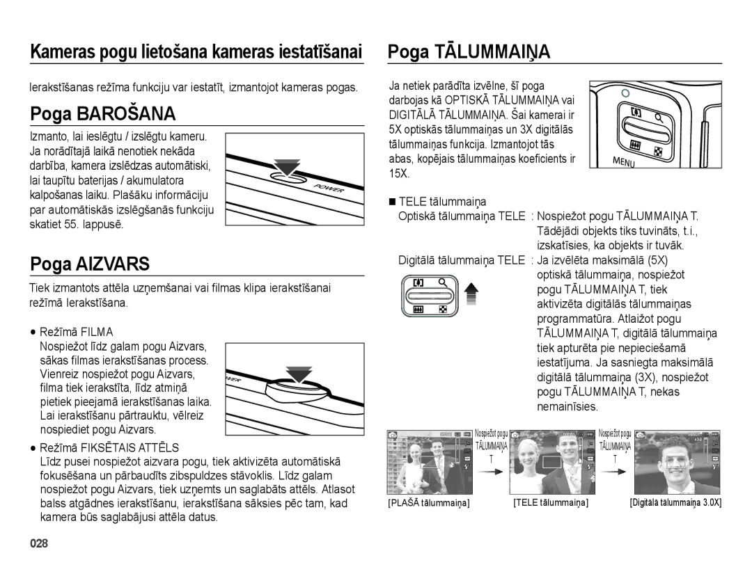 Samsung EC-ES28ZZBABE2 manual Kameras pogu lietošana kameras iestatīšanai Poga Tālummaiņa, Poga Barošana, Poga Aizvars 