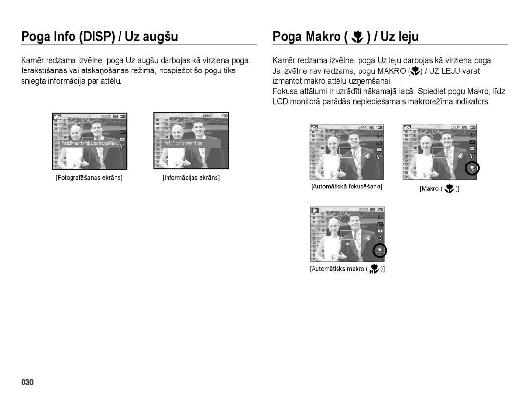 Samsung EC-ES28ZZBABE2, EC-ES28ZZBASE2 manual Poga Info Disp / Uz augšu, Poga Makro / Uz leju 