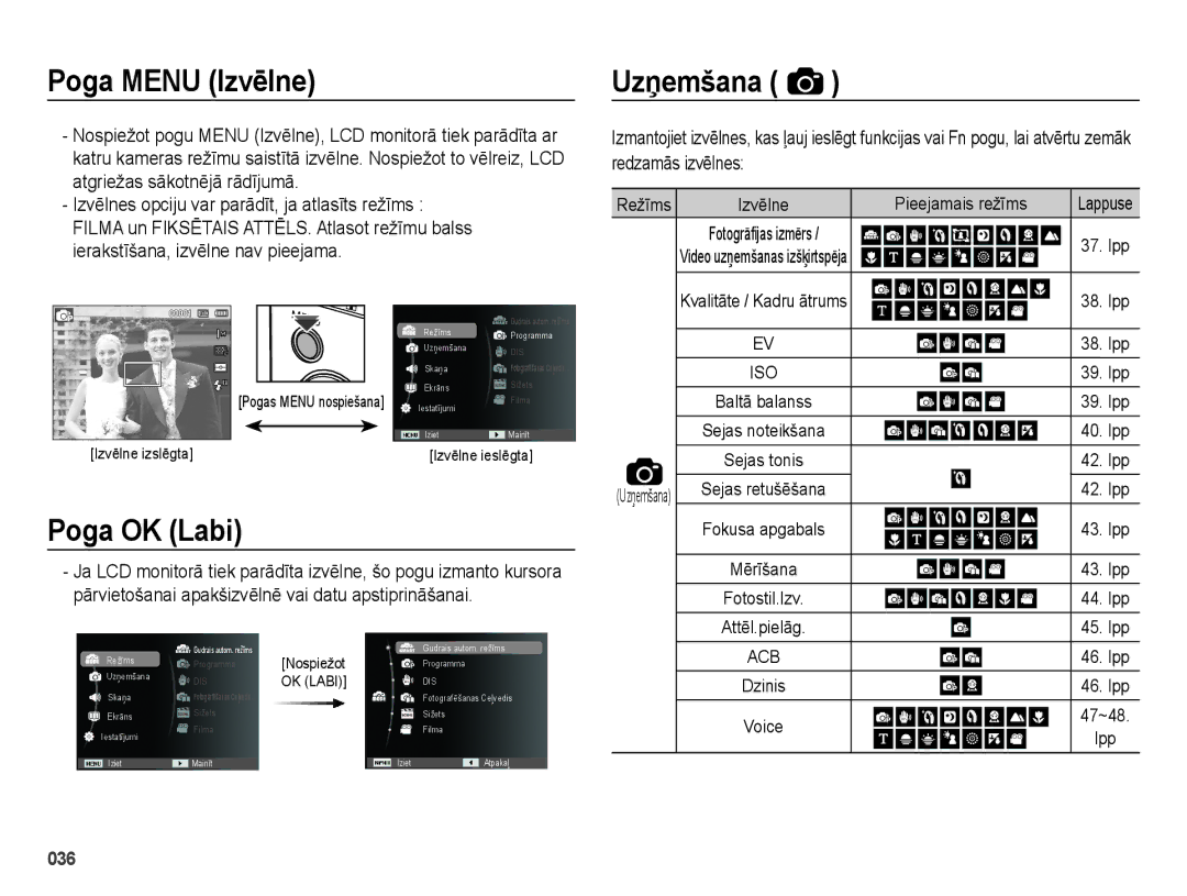 Samsung EC-ES28ZZBABE2, EC-ES28ZZBASE2 manual Poga Menu Izvēlne, Poga OK Labi, Uzņemšana, Pieejamais režīms 