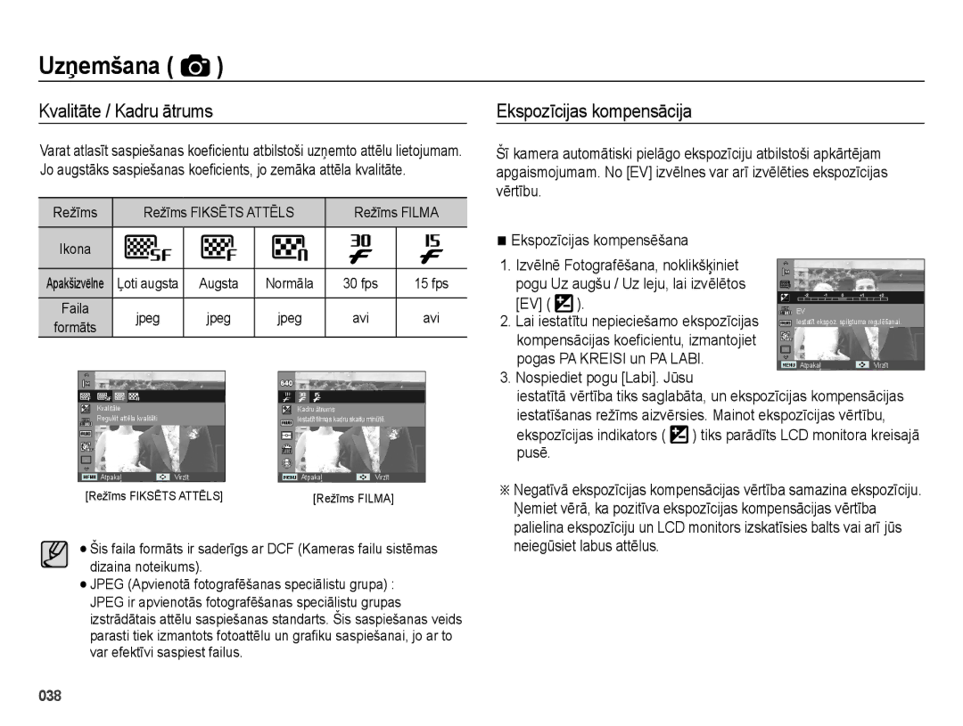 Samsung EC-ES28ZZBABE2, EC-ES28ZZBASE2 manual Kvalitāte / Kadru ātrums, Ekspozīcijas kompensācija 