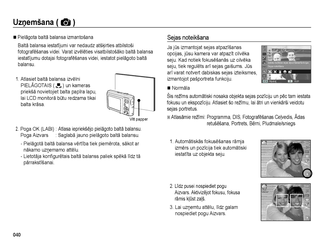 Samsung EC-ES28ZZBABE2 manual Sejas noteikšana, Pielāgota baltā balansa izmantošana, Priekšā novietojiet balta papīra lapu 