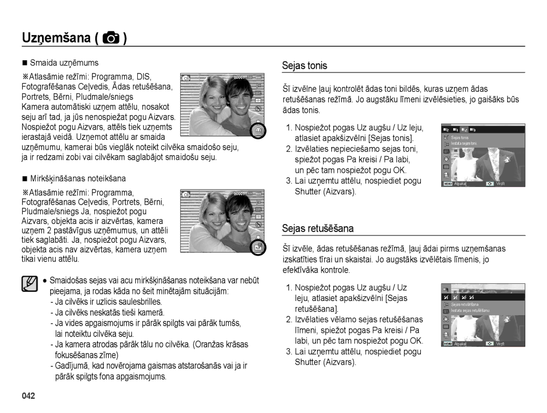 Samsung EC-ES28ZZBABE2, EC-ES28ZZBASE2 manual Sejas tonis, Sejas retušēšana, Smaida uzņēmums, Mirkšķināšanas noteikšana 