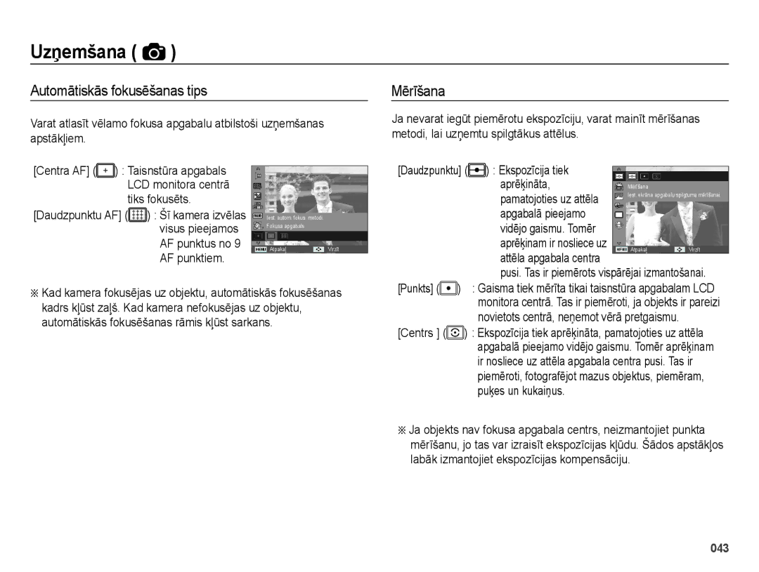 Samsung EC-ES28ZZBASE2, EC-ES28ZZBABE2 manual Automātiskās fokusēšanas tips, Mērīšana 