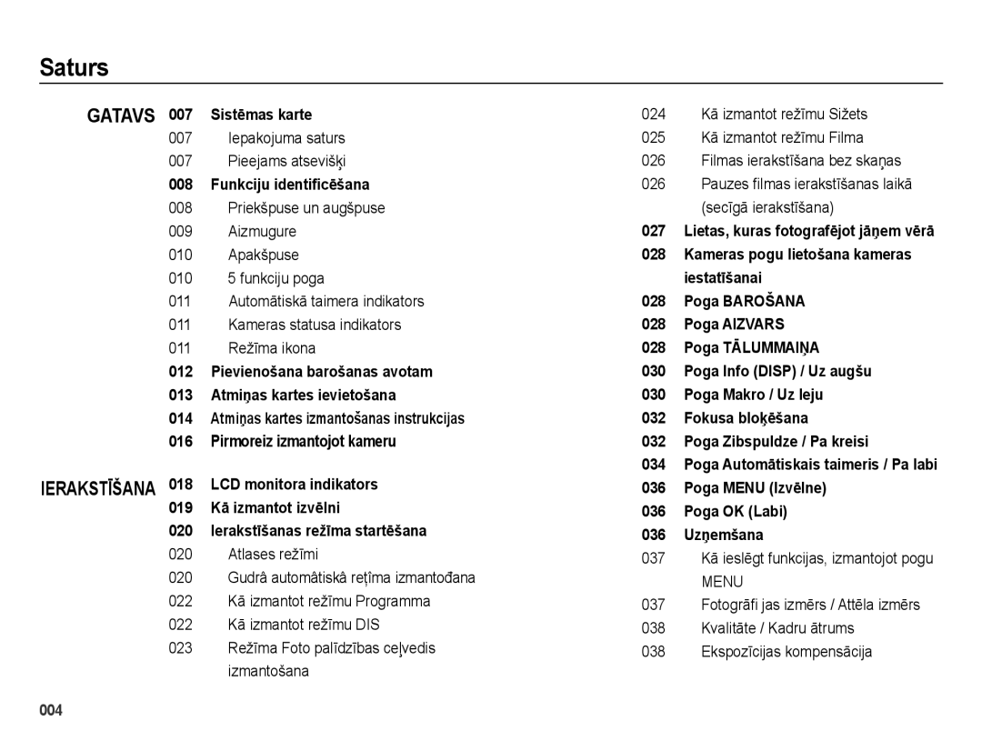 Samsung EC-ES28ZZBABE2 manual Saturs, Sistēmas karte, Iepakojuma saturs Pieejams atsevišķi, Funkciju identiﬁcēšana 