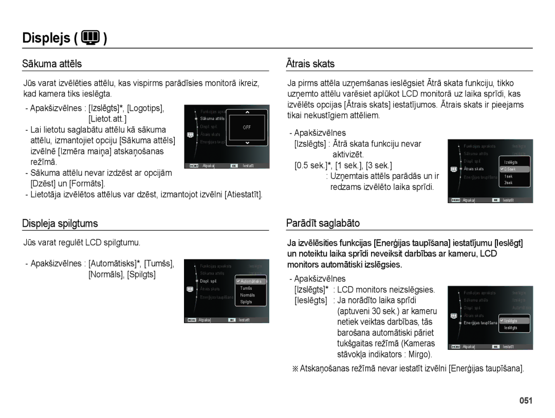 Samsung EC-ES28ZZBASE2, EC-ES28ZZBABE2 manual Sākuma attēls, Ātrais skats, Displeja spilgtums, Parādīt saglabāto 