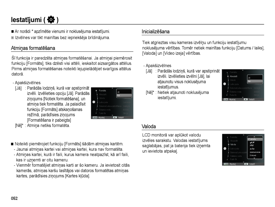 Samsung EC-ES28ZZBABE2 manual Iestatījumi, Atmiņas formatēšana Inicializēšana, Valoda, Nē* Atmiņa netiks formatēta 