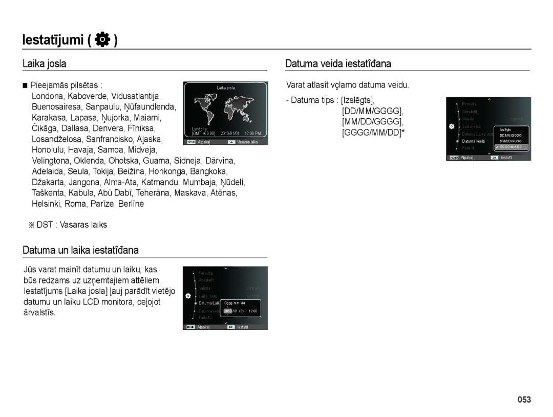 Samsung EC-ES28ZZBASE2 manual Laika josla Datuma veida iestatîđana, Datuma un laika iestatîđana, Pieejamās pilsētas 