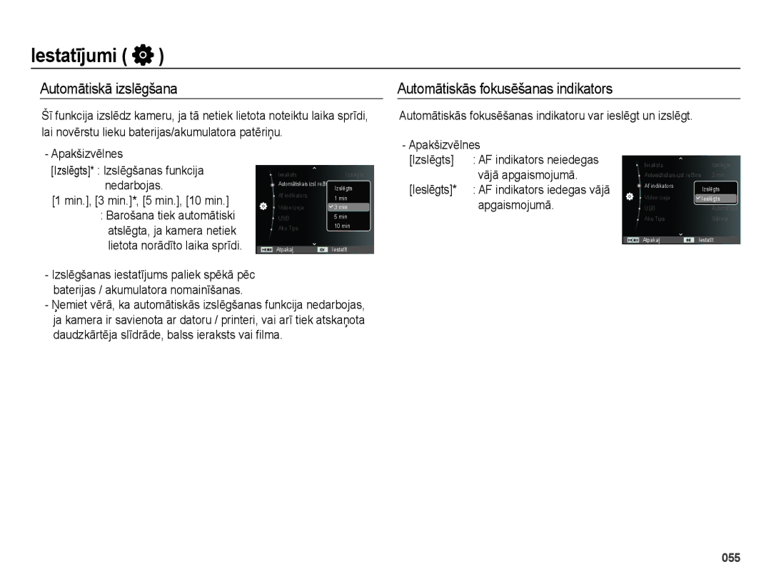 Samsung EC-ES28ZZBASE2, EC-ES28ZZBABE2 manual Automātiskā izslēgšana, Automātiskās fokusēšanas indikators 