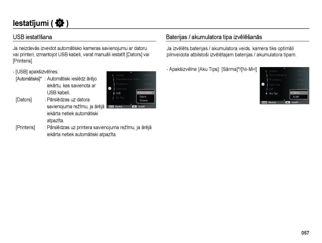 Samsung EC-ES28ZZBASE2, EC-ES28ZZBABE2 manual USB iestatīšana, Baterijas / akumulatora tipa izvēlēšanās 