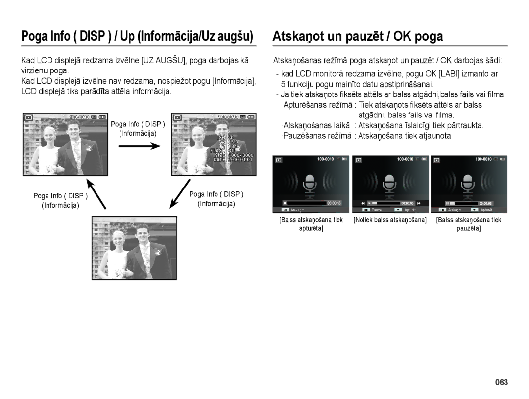 Samsung EC-ES28ZZBASE2, EC-ES28ZZBABE2 manual Atskaņot un pauzēt / OK poga, Poga Info Disp Informācija 