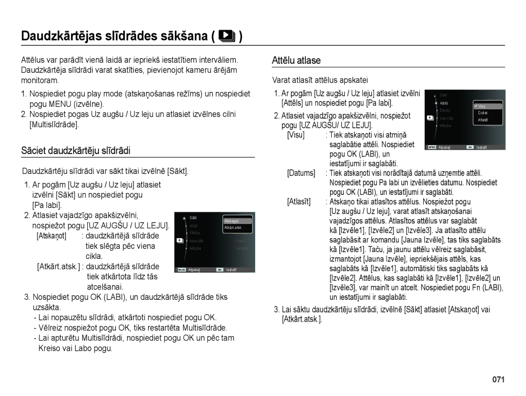 Samsung EC-ES28ZZBASE2, EC-ES28ZZBABE2 manual Daudzkārtējas slīdrādes sākšana, Sāciet daudzkārtēju slīdrādi, Attēlu atlase 