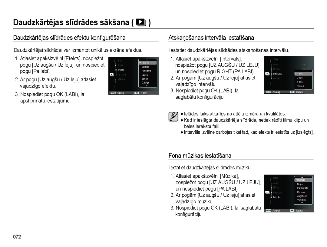 Samsung EC-ES28ZZBABE2, EC-ES28ZZBASE2 Daudzkārtējas slīdrādes efektu konﬁgurēšana, Atskaņošanas intervāla iestatīšana 