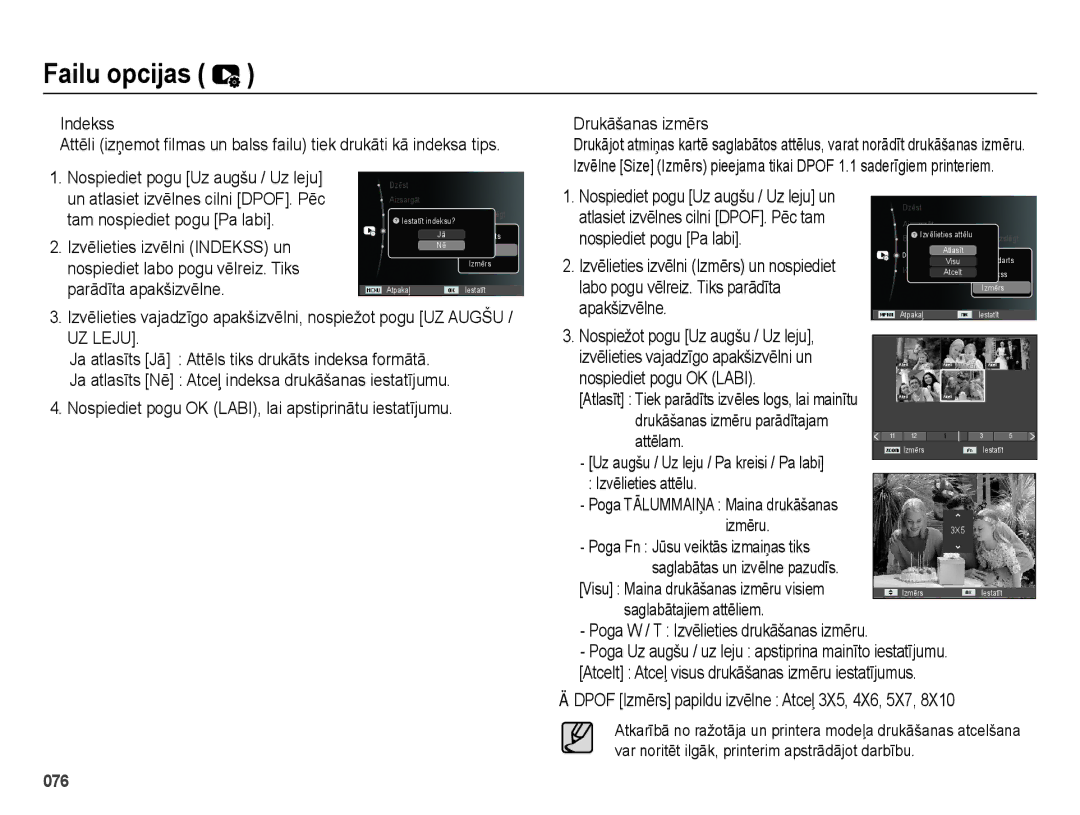 Samsung EC-ES28ZZBABE2, EC-ES28ZZBASE2 manual Indekss, Drukāšanas izmērs, Nospiediet pogu Uz augšu / Uz leju un 