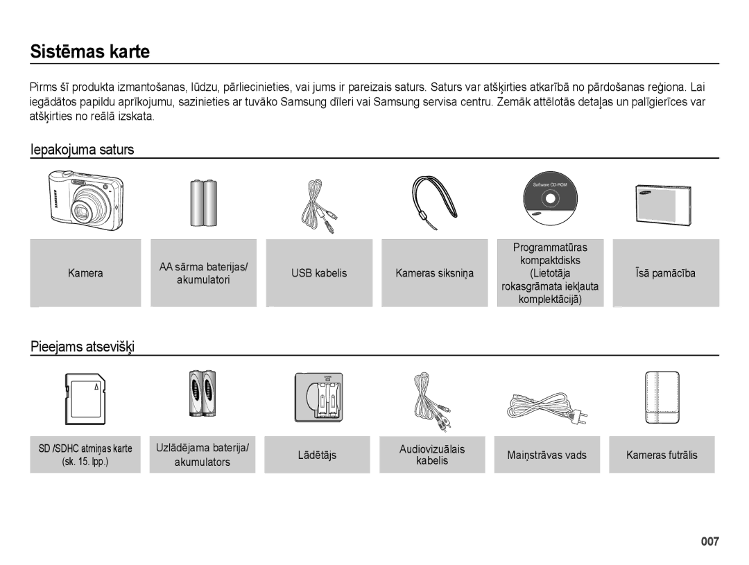 Samsung EC-ES28ZZBASE2, EC-ES28ZZBABE2 manual Sistēmas karte, Iepakojuma saturs, Pieejams atsevišķi 