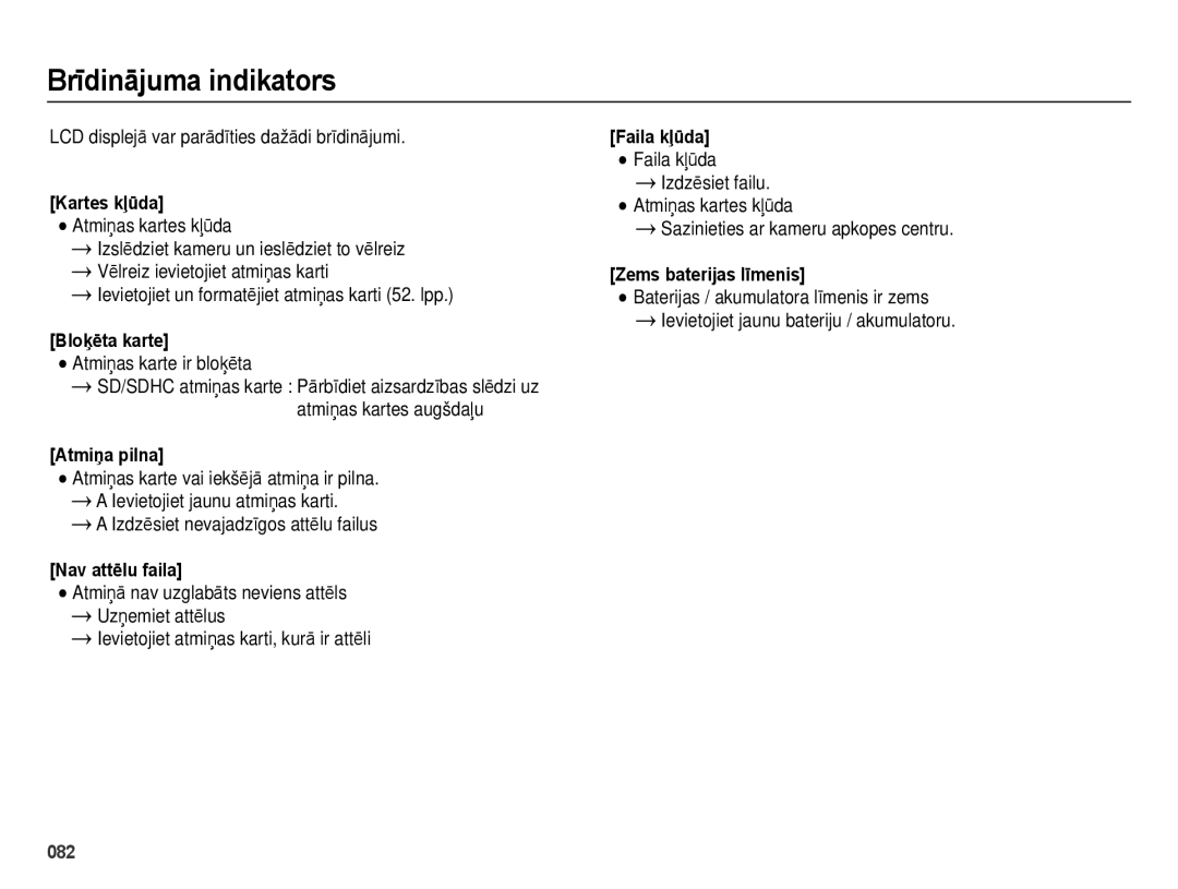 Samsung EC-ES28ZZBABE2, EC-ES28ZZBASE2 manual Brīdinājuma indikators 