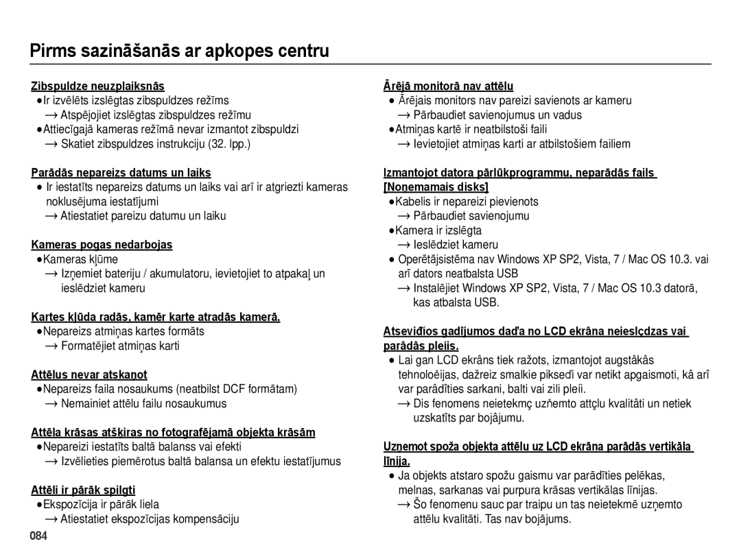 Samsung EC-ES28ZZBABE2 manual Zibspuldze neuzplaiksnās, Parādās nepareizs datums un laiks, Kameras pogas nedarbojas 