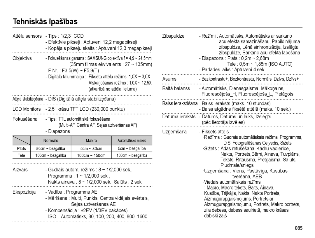 Samsung EC-ES28ZZBASE2, EC-ES28ZZBABE2 manual Tehniskās īpašības 