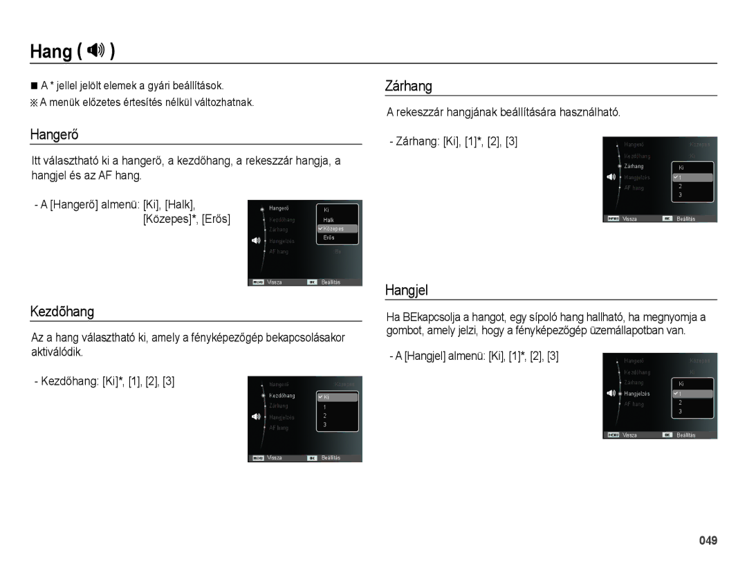 Samsung EC-ES28ZZBASE3, EC-ES28ZZBABE3, EC-ES28ZZBABE2, EC-ES28ZZBAPE2 manual Hang , Hangerő, Kezdõhang, Zárhang, Hangjel 