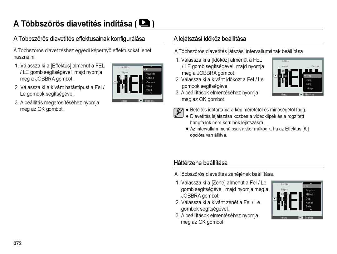 Samsung EC-ES28ZZBAPE2, EC-ES28ZZBASE3 manual Többszörös diavetítés effektusainak konﬁgurálása, Lejátszási időköz beállítása 