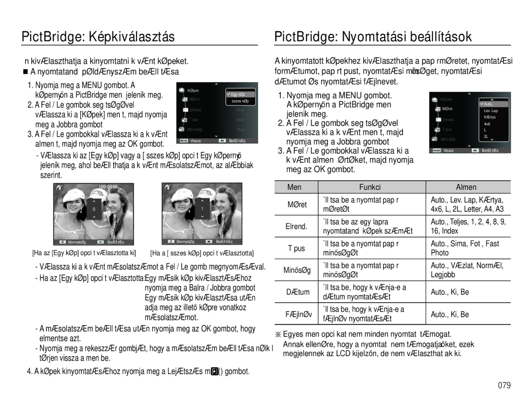 Samsung EC-ES28ZZBASE3 manual PictBridge Képkiválasztás, PictBridge Nyomtatási beállítások, Nyomja meg a Menu gombot. a 