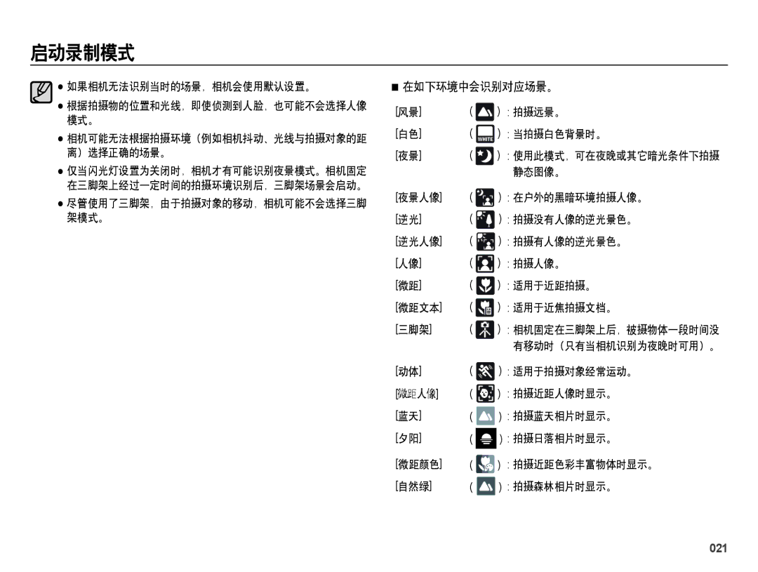 Samsung EC-ES28ZZBABE2, EC-ES28ZZBASE3, EC-ES28ZZBABE3, EC-ES28ZZBAPE2, EC-ES28ZZBAPE3 manual 在如下环境中会识别对应场景。, 021 