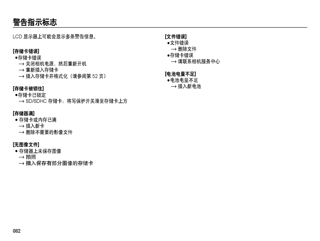 Samsung EC-ES28ZZBAPE2, EC-ES28ZZBASE3, EC-ES28ZZBABE3, EC-ES28ZZBABE2, EC-ES28ZZBAPE3 manual 警告指示标志, 082 