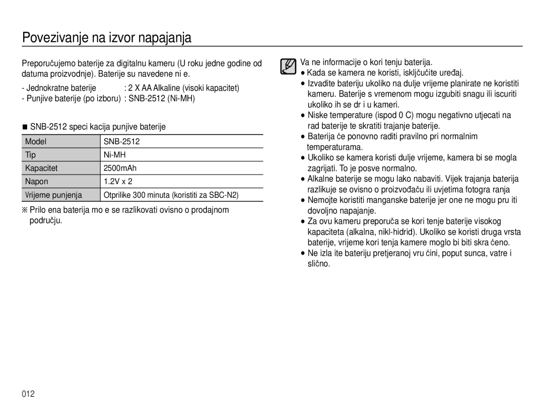 Samsung EC-ES28ZZBABE3, EC-ES28ZZBASE3 manual Povezivanje na izvor napajanja, Punjive baterije po izboru SNB-2512 Ni-MH 