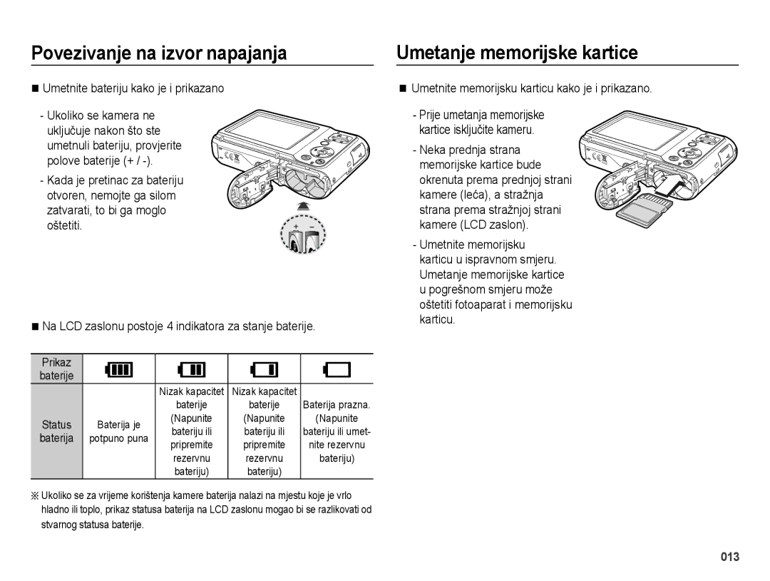 Samsung EC-ES28ZZBASE3, EC-ES28ZZBABE3 manual Umetanje memorijske kartice, Umetnite bateriju kako je i prikazano, Prikaz 