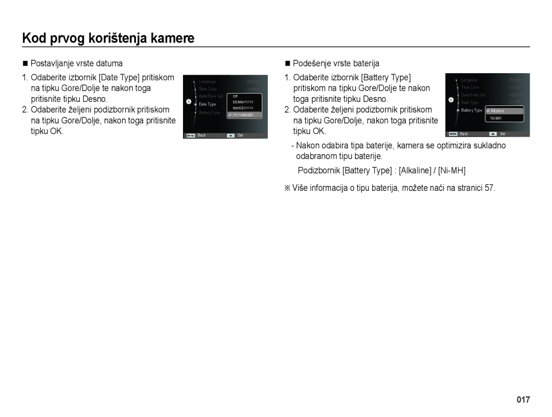 Samsung EC-ES28ZZBASE3, EC-ES28ZZBABE3 manual Podešenje vrste baterija 