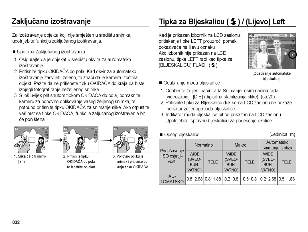 Samsung EC-ES28ZZBABE3, EC-ES28ZZBASE3 manual Zaključano izoštravanje, Tipka za Bljeskalicu / Lijevo Left 