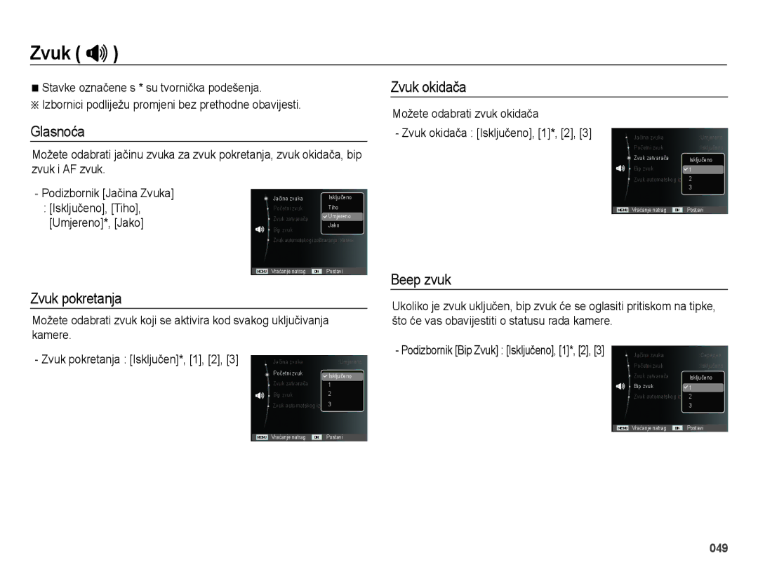 Samsung EC-ES28ZZBASE3, EC-ES28ZZBABE3 manual Zvuk , Glasnoća, Zvuk okidača, Zvuk pokretanja, Beep zvuk 