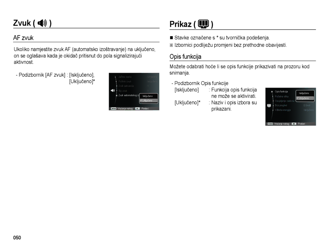 Samsung EC-ES28ZZBABE3, EC-ES28ZZBASE3 manual Prikaz, AF zvuk, Opis funkcija 