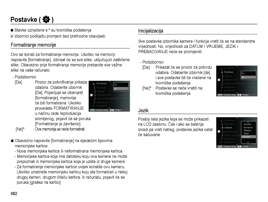 Samsung EC-ES28ZZBABE3, EC-ES28ZZBASE3 manual Postavke, Formatiranje memorije, Inicijalizacija, Jezik 