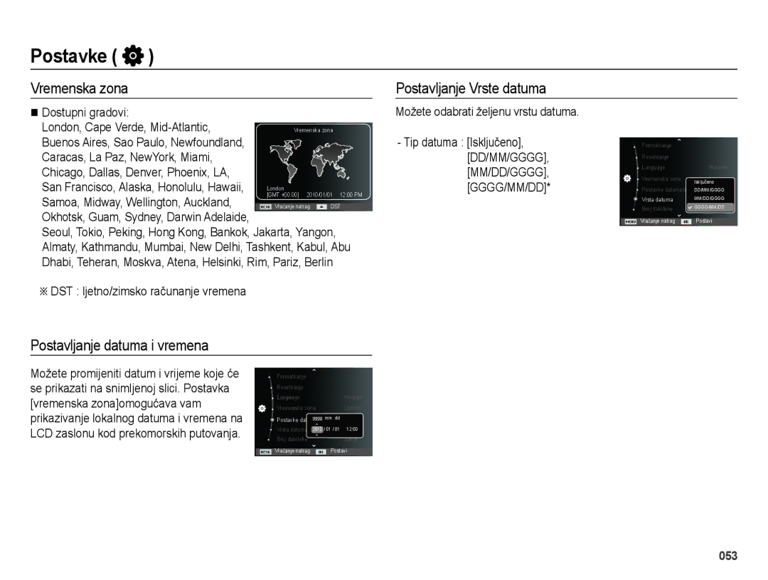 Samsung EC-ES28ZZBASE3, EC-ES28ZZBABE3 manual Vremenska zona Postavljanje Vrste datuma, Postavljanje datuma i vremena 