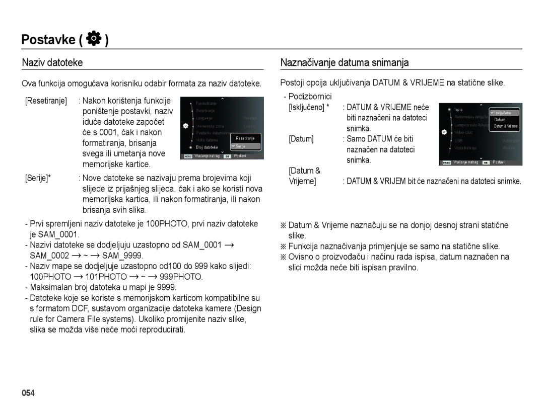 Samsung EC-ES28ZZBABE3, EC-ES28ZZBASE3 manual Naziv datoteke, Naznačivanje datuma snimanja 