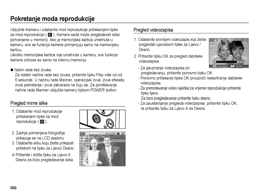 Samsung EC-ES28ZZBABE3, EC-ES28ZZBASE3 manual Pokretanje moda reprodukcije, Pregled mirne slike, Pregled videozapisa 