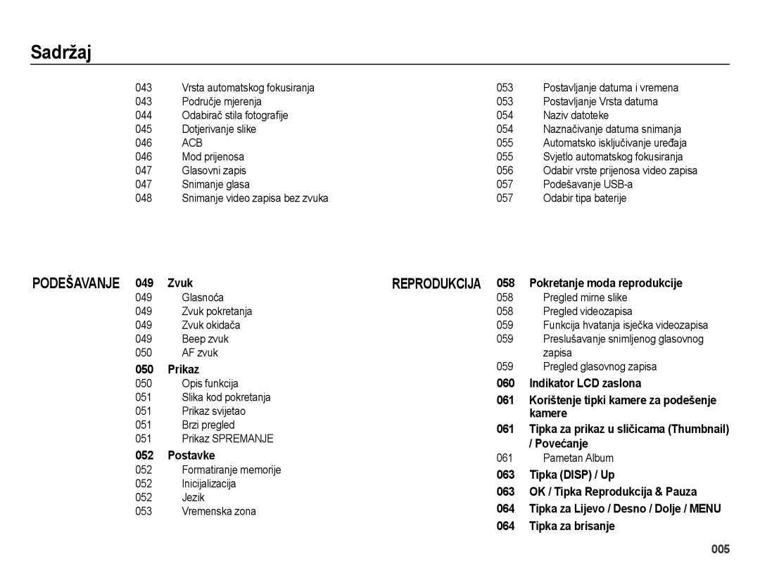 Samsung EC-ES28ZZBASE3 manual Vrsta automatskog fokusiranja 053, Područje mjerenja 053 Postavljanje Vrsta datuma, 055 