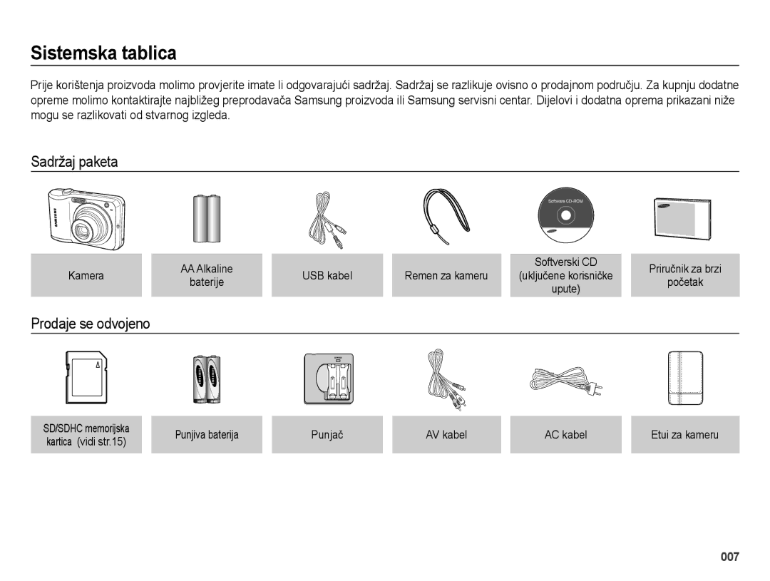 Samsung EC-ES28ZZBASE3, EC-ES28ZZBABE3 manual Sistemska tablica, Sadržaj paketa, Prodaje se odvojeno 