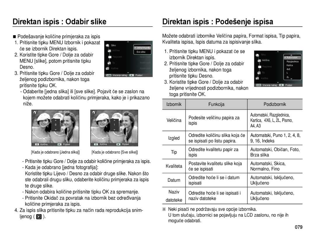 Samsung EC-ES28ZZBASE3, EC-ES28ZZBABE3 Direktan ispis Odabir slike, Direktan ispis Podešenje ispisa, Pritisnite tipku OK 