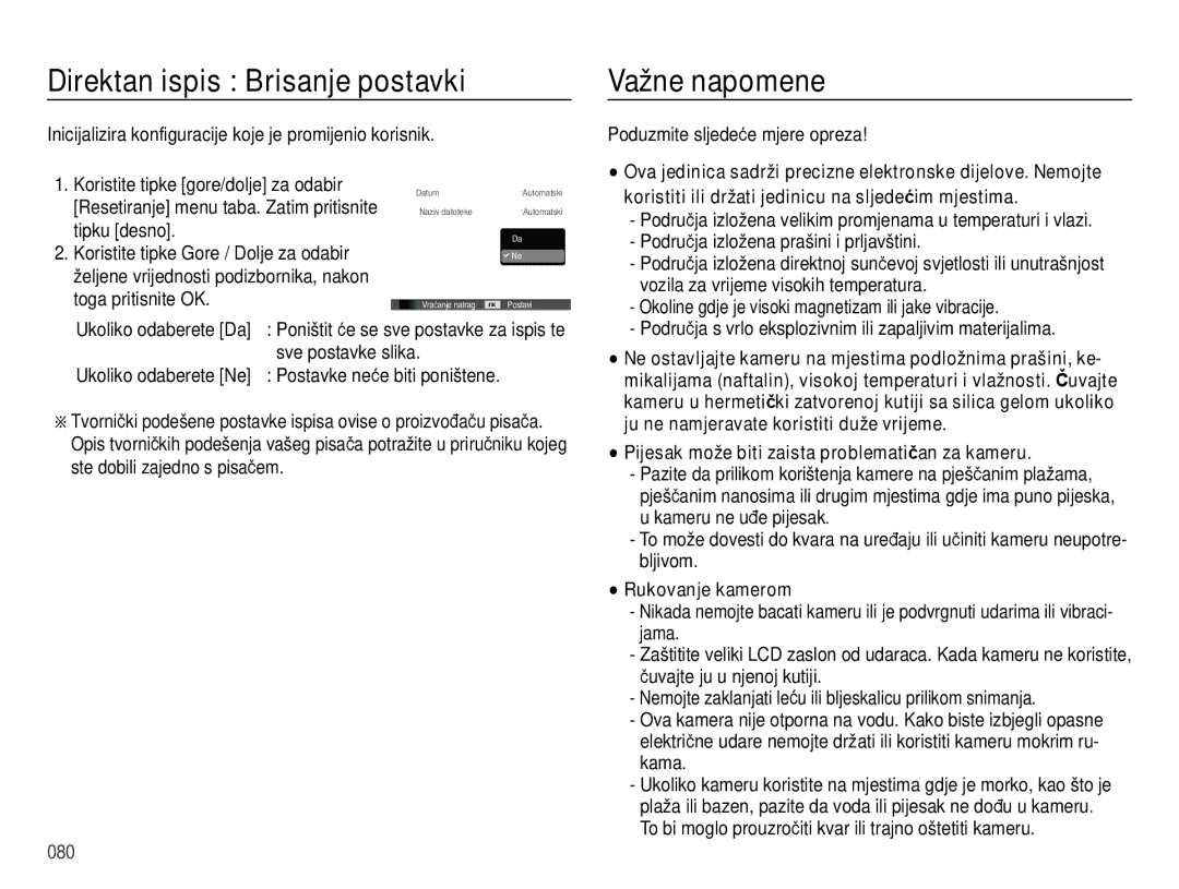 Samsung EC-ES28ZZBABE3, EC-ES28ZZBASE3 manual Direktan ispis Brisanje postavki, Važne napomene 