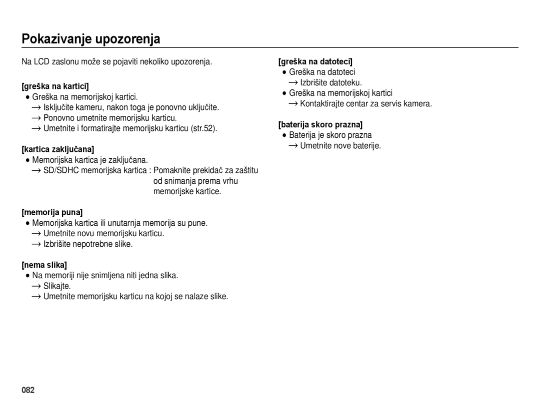 Samsung EC-ES28ZZBABE3, EC-ES28ZZBASE3 manual Pokazivanje upozorenja 