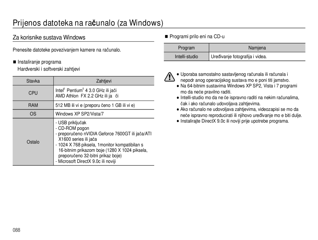 Samsung EC-ES28ZZBABE3 Prijenos datoteka na računalo za Windows, Za korisnike sustava Windows, Programi priloženi na CD-u 