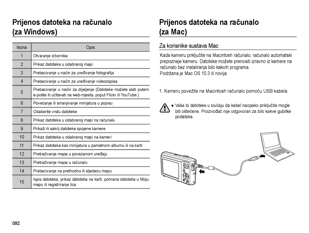 Samsung EC-ES28ZZBABE3 Prijenos datoteka na računalo za Mac, Za korisnike sustava Mac, Podržana je Mac OS 10.3 ili novija 