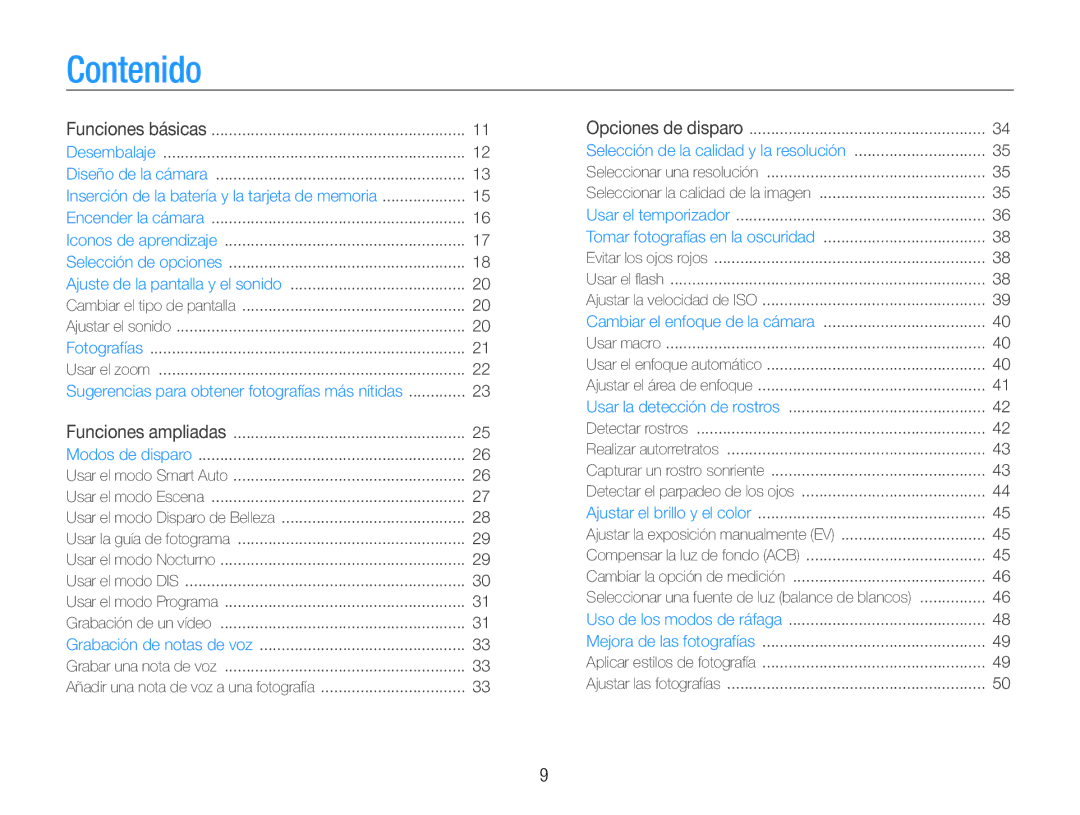 Samsung EC-ES30ZZBASE3, EC-ES30ZZBABE1, EC-ES30ZZBASE1, EC-ES30ZZBABE3 manual Contenido 