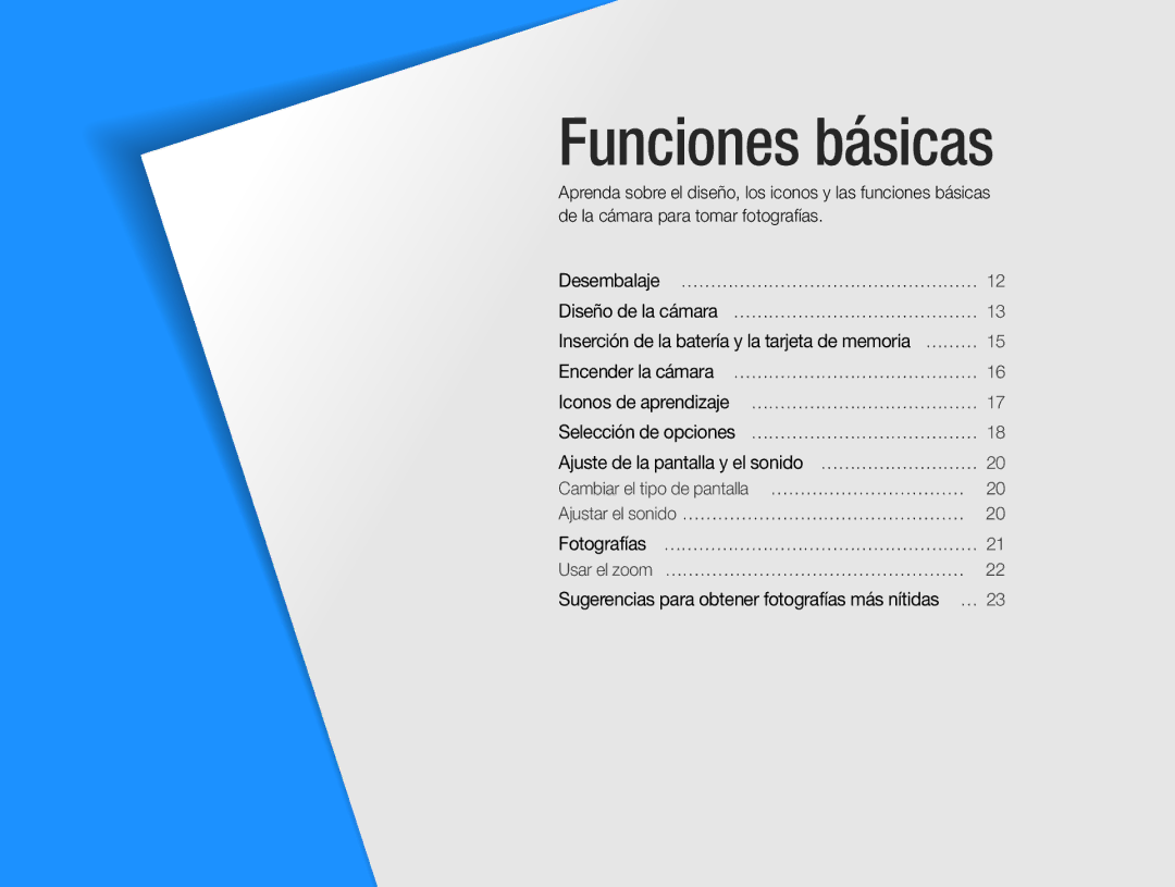 Samsung EC-ES30ZZBABE1, EC-ES30ZZBASE1, EC-ES30ZZBASE3, EC-ES30ZZBABE3 manual Funciones básicas 