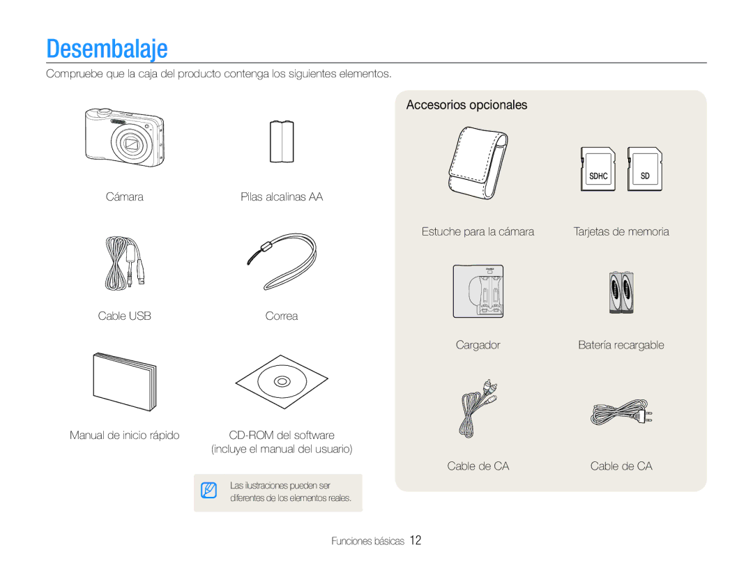 Samsung EC-ES30ZZBASE1, EC-ES30ZZBABE1, EC-ES30ZZBASE3, EC-ES30ZZBABE3 manual Desembalaje, Accesorios opcionales 