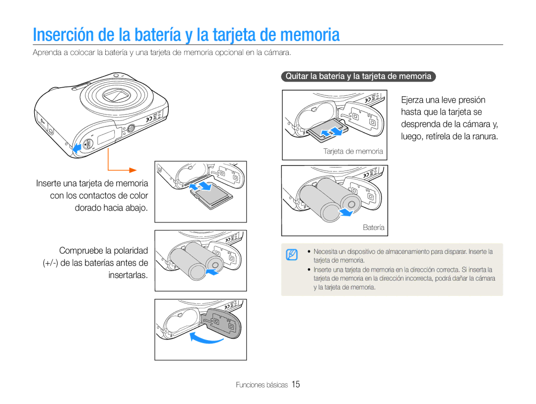 Samsung EC-ES30ZZBABE1 Inserción de la batería y la tarjeta de memoria, Quitar la batería y la tarjeta de memoria, Batería 