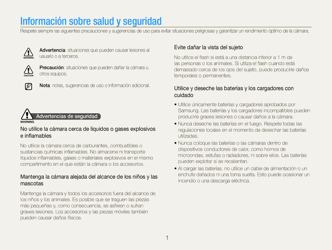 Samsung EC-ES30ZZBASE3 manual Evite dañar la vista del sujeto, Utilice y deseche las baterías y los cargadores con cuidado 