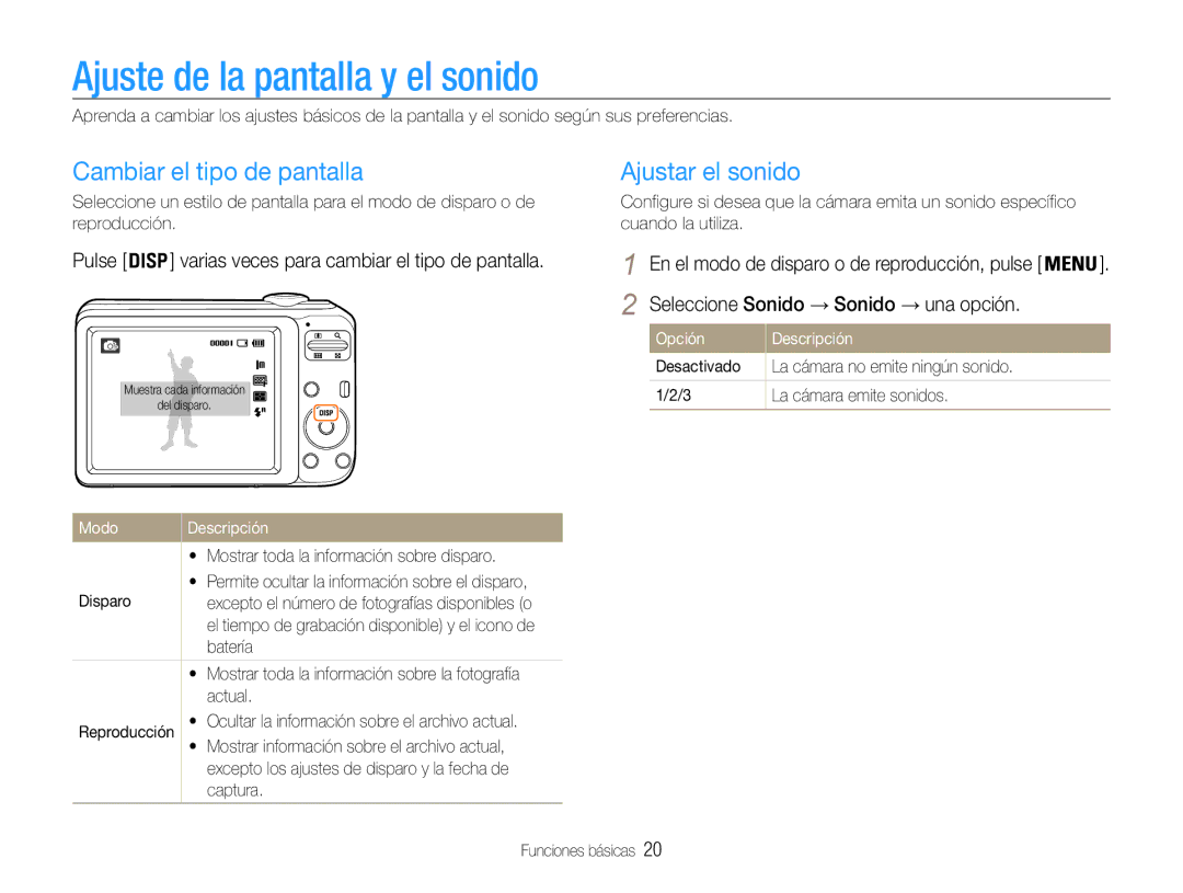 Samsung EC-ES30ZZBASE1, EC-ES30ZZBABE1 Ajuste de la pantalla y el sonido, Cambiar el tipo de pantalla, Ajustar el sonido 